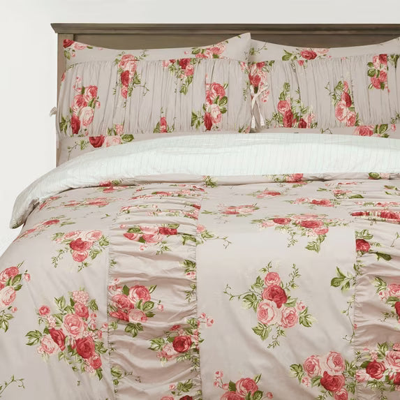 3-Piece Floral Ruched Comforter Set - Pink, Full/Queen