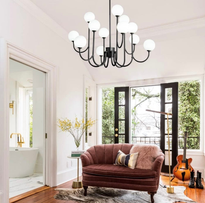 POUNEE Modern Glass Globe 12 Lights Sputnik Chandeliers,Mid-Century Black Ceiling Light Fixture