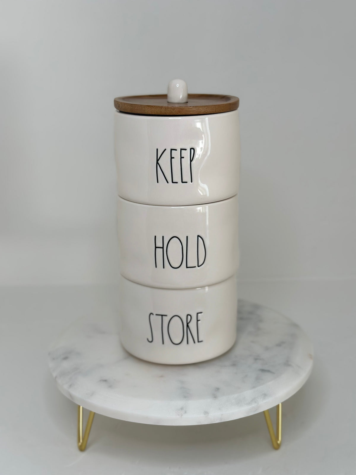 Rae Dunn KEEP HOLD STORE Set of 3 Ceramic Storage with Wooden Lid