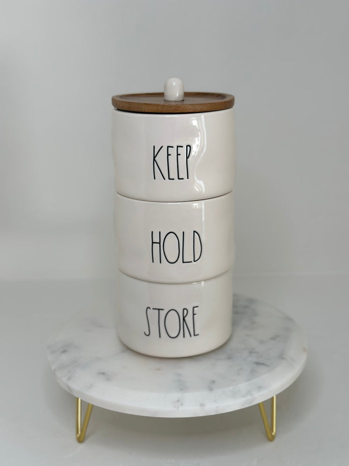 Rae Dunn KEEP HOLD STORE Set of 3 Ceramic Storage with Wooden Lid