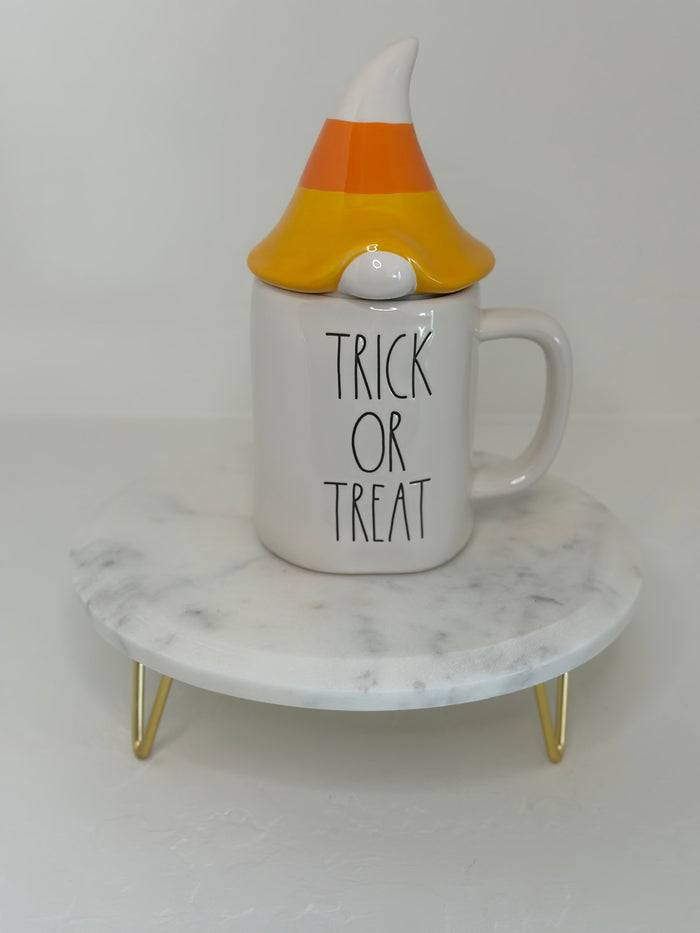 Rae Dunn Halloween TRICK OR TREAT Mug with Candy Corn Gnome Topper Lid