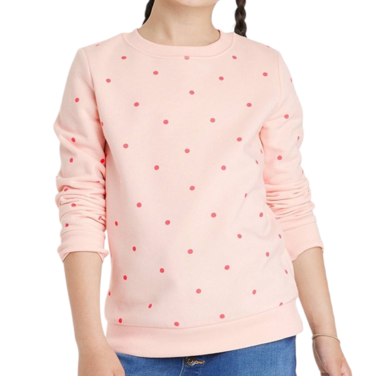 Cat & Jack Peach Crewneck Fleece Pullover Sweatshirt in Light Peach and Pink Polka Dots